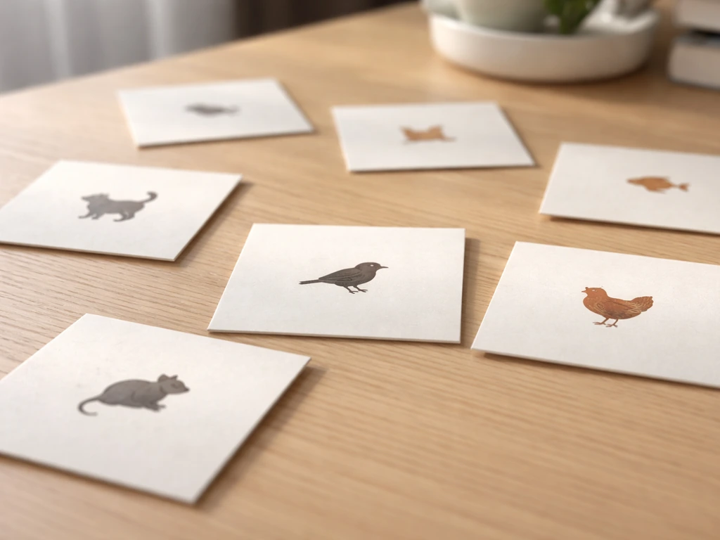 Blank sticky notes on a wooden desk with small dog and bird icon pictures, no readable text.