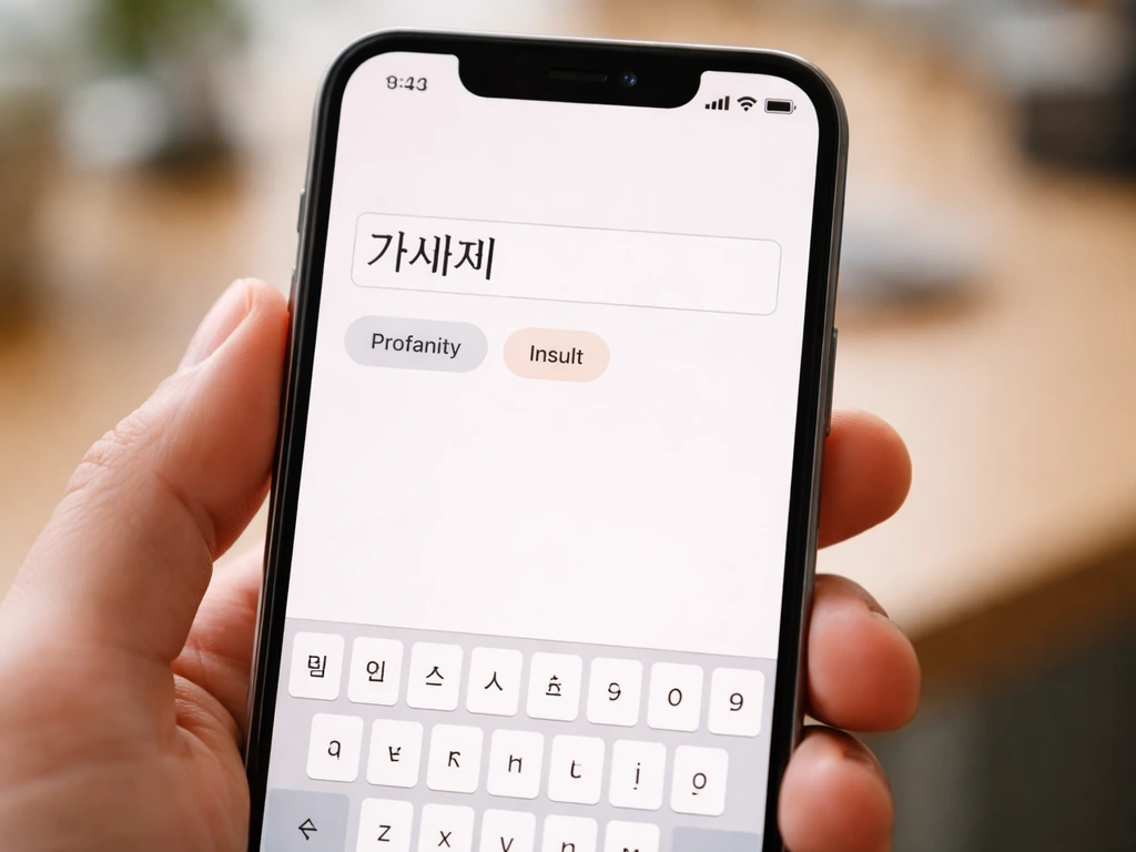Close-up of a phone showing typed Hangul '개새끼' and category pills highlighting it as profanity.