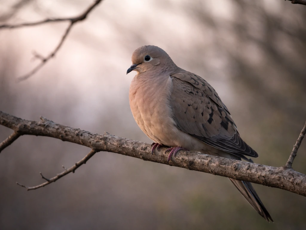 A mourning dove perched on a branch in soft morning light, quiet and somber mood.