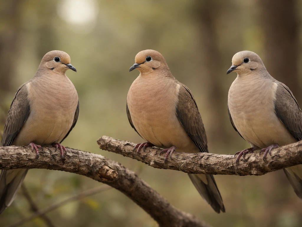 Close-up view of a mourning dove and two look-alike birds in soft outdoor light