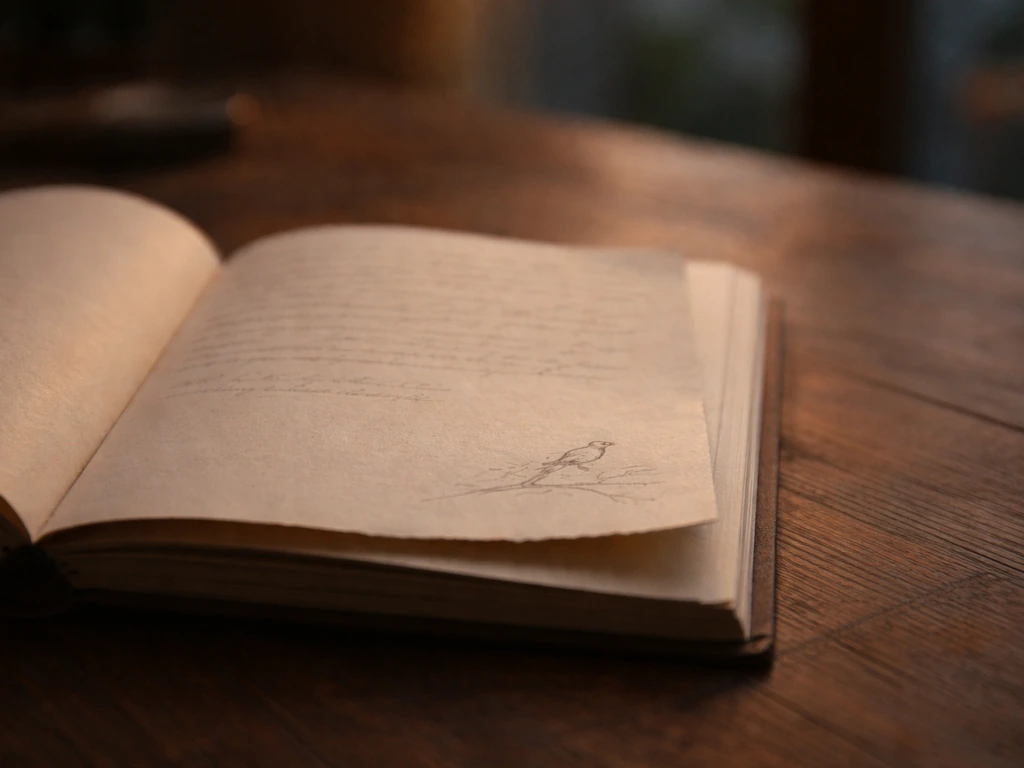 Open book with handwritten page and a faint bird-call ink line implying grief imagery.