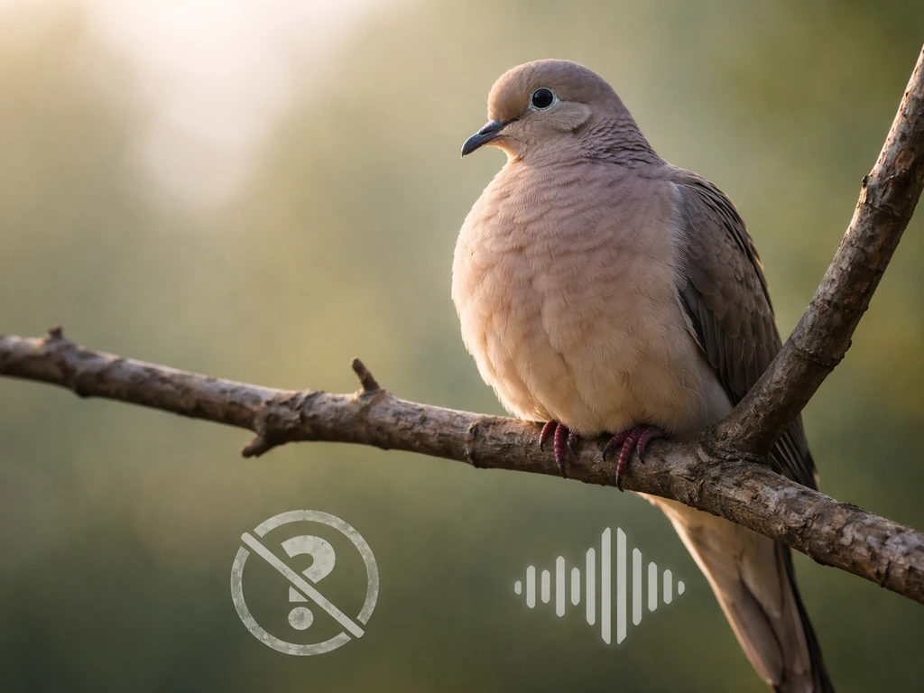 Close-up mourning dove on a branch with abstract crossed-out myth vs reality icons, no text.