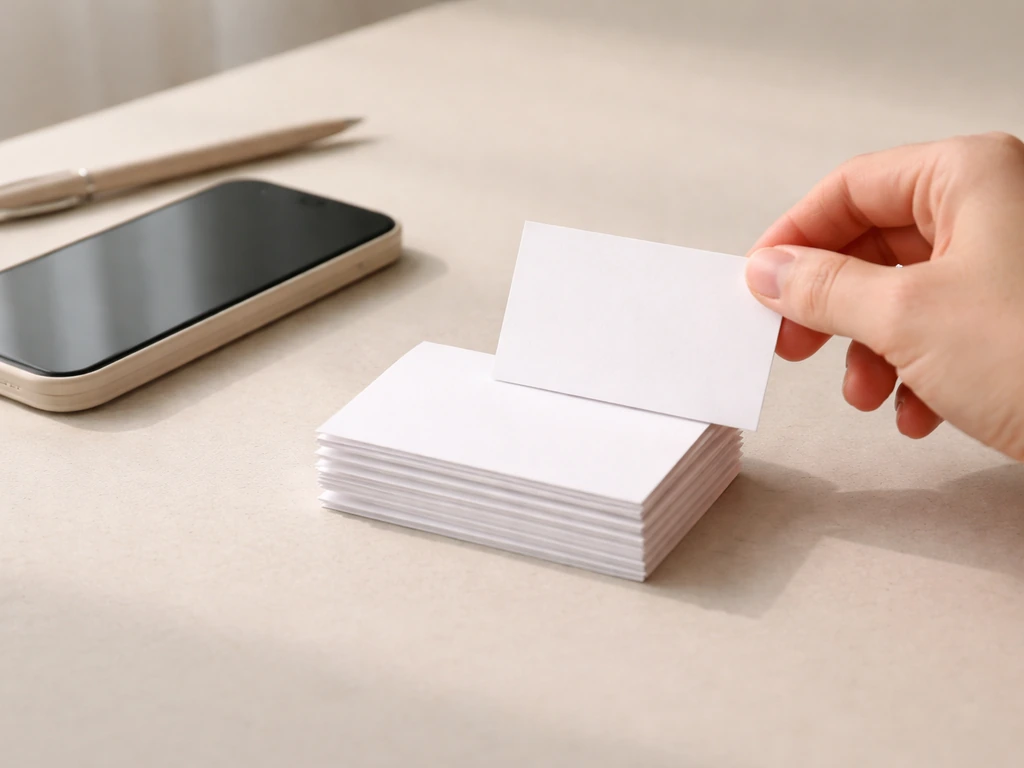 Natural light desk scene with a smartphone and blank index cards suggesting slang definitions breakdown