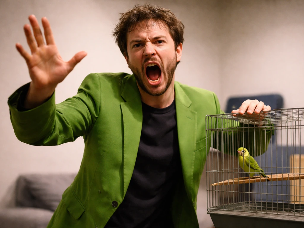 Person in a green suit mimicking a playful “bird up” gesture next to a small caged bird indoors