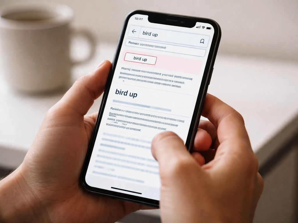 Hands holding a smartphone showing an Urban Dictionary search for “bird up,” with a warning against searching only “bird