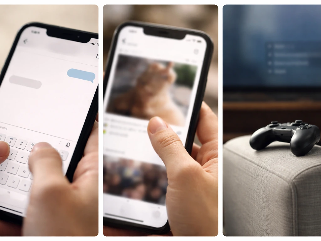 Minimal split collage of phone DM reply, a meme-style image tile, and a game menu chat line.