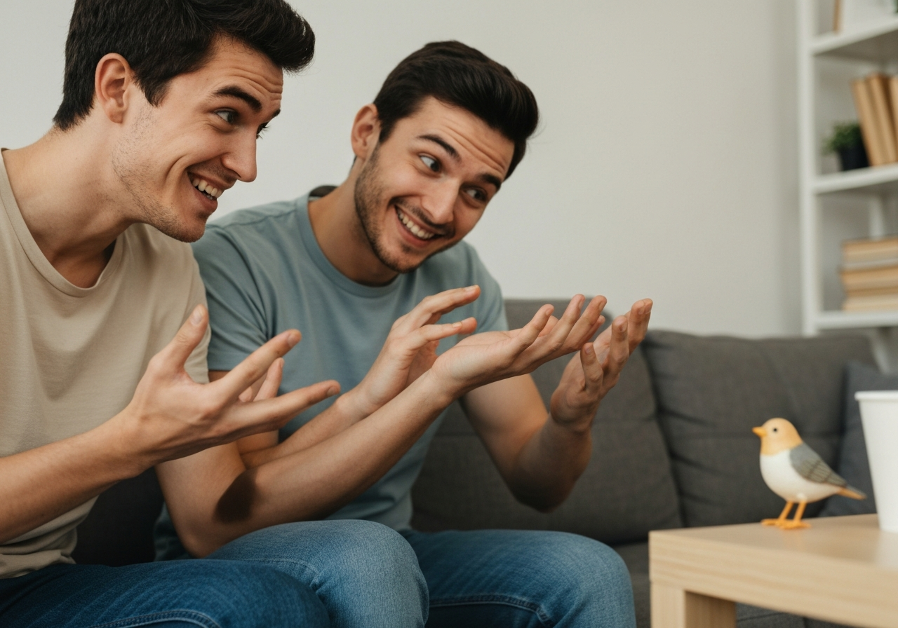 Friend playfully teasing with a teasing grin during a casual hangout