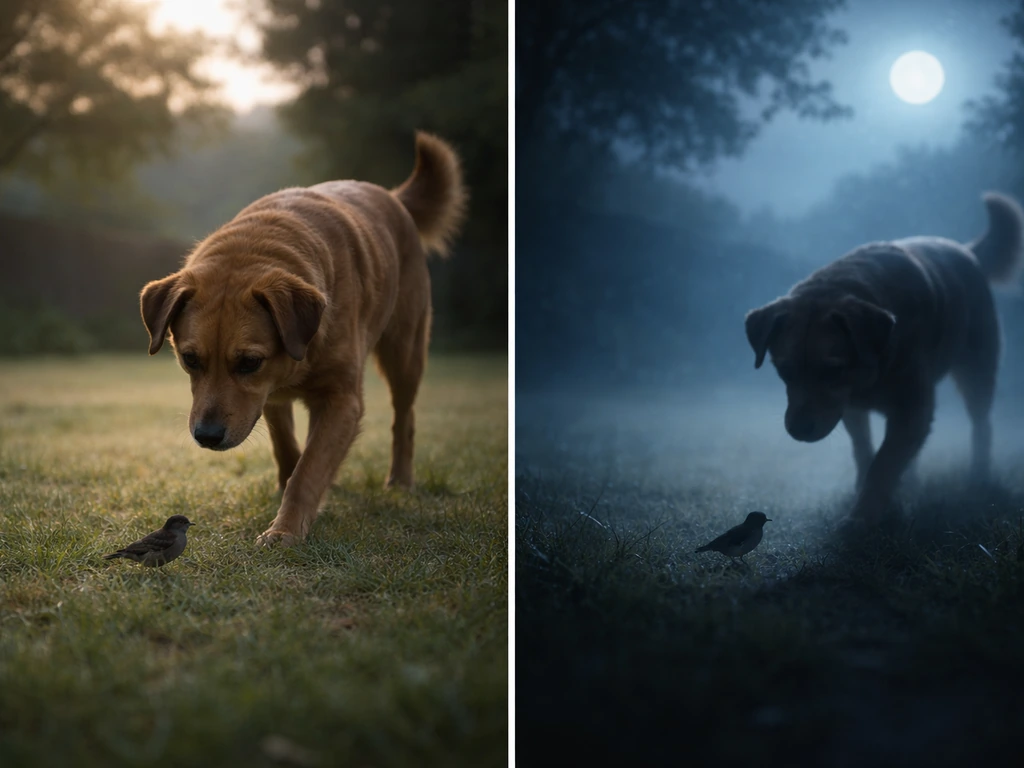Split scene: a dog and bird silhouette on one side, moonlit dream-like night on the other.
