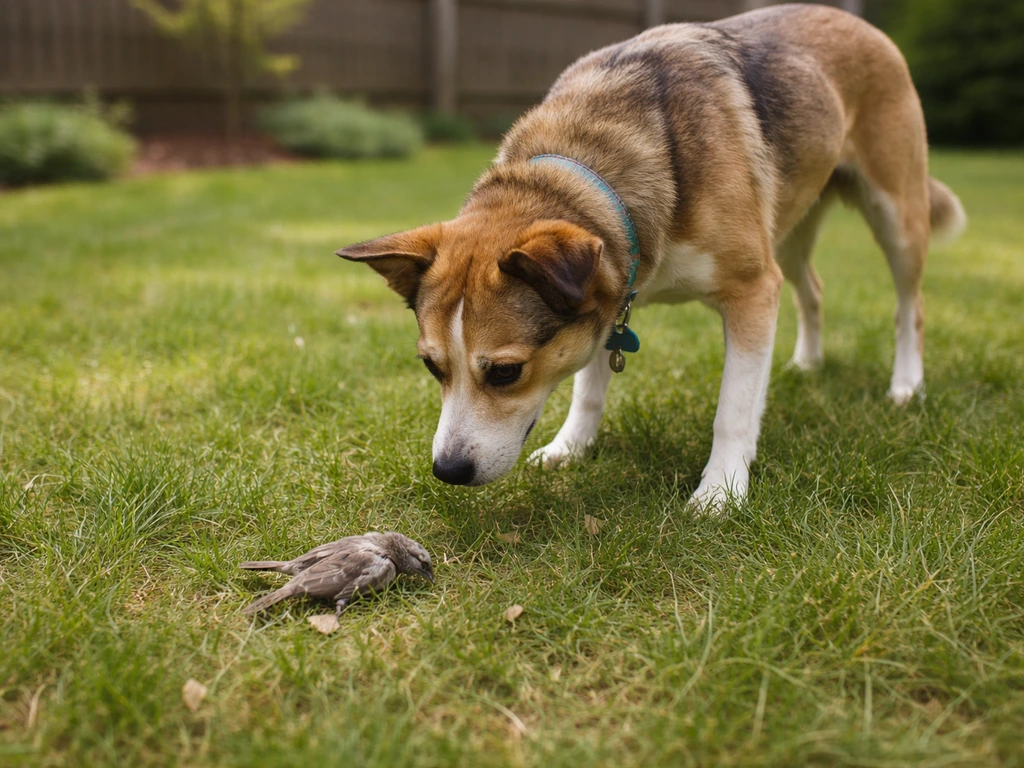 Dog in a backyard near a small wild bird carcass on the ground