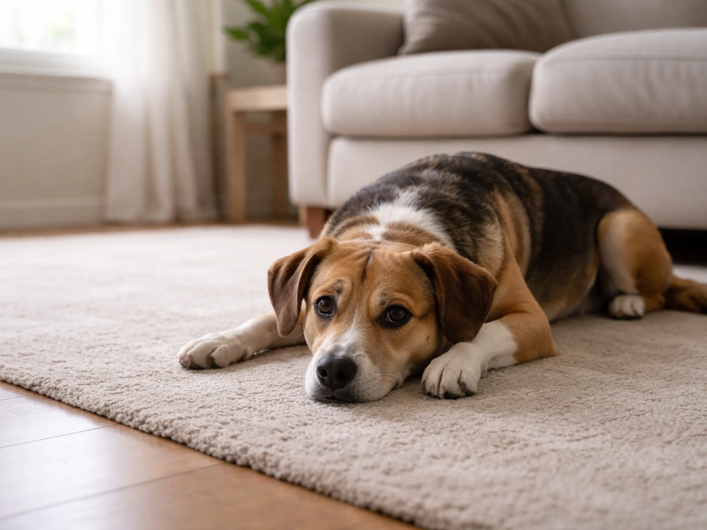 Calm indoor dog resting on a rug in soft natural light, minimal living-room background.