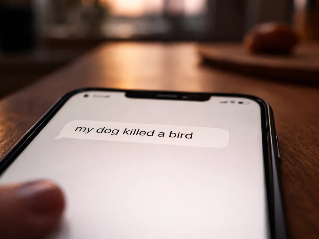 Close-up of a phone screen with a “my dog killed a bird” text snippet and a comment bubble.