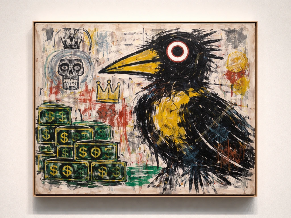 Close-up of an original 1981 artwork titled “Bird on Money,” with abstract bird and money motif on canvas