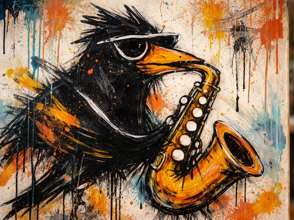 Close-up of a Basquiat-like painting featuring an abstract bird sax-inspired motif in warm graffiti colors.