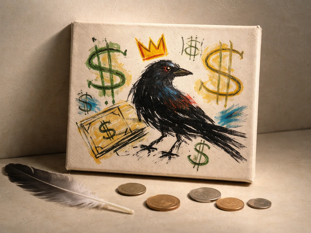 Minimal tabletop scene with a small abstract canvas showing a bird and money motifs with coins nearby.