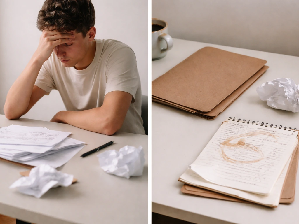 Split-style scene: a person frowning at scattered notes beside a separate folder with a chaotic plan