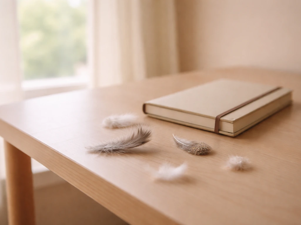 Minimal desk scene with scattered feathers and a small notebook, suggesting contrasting informal phrases