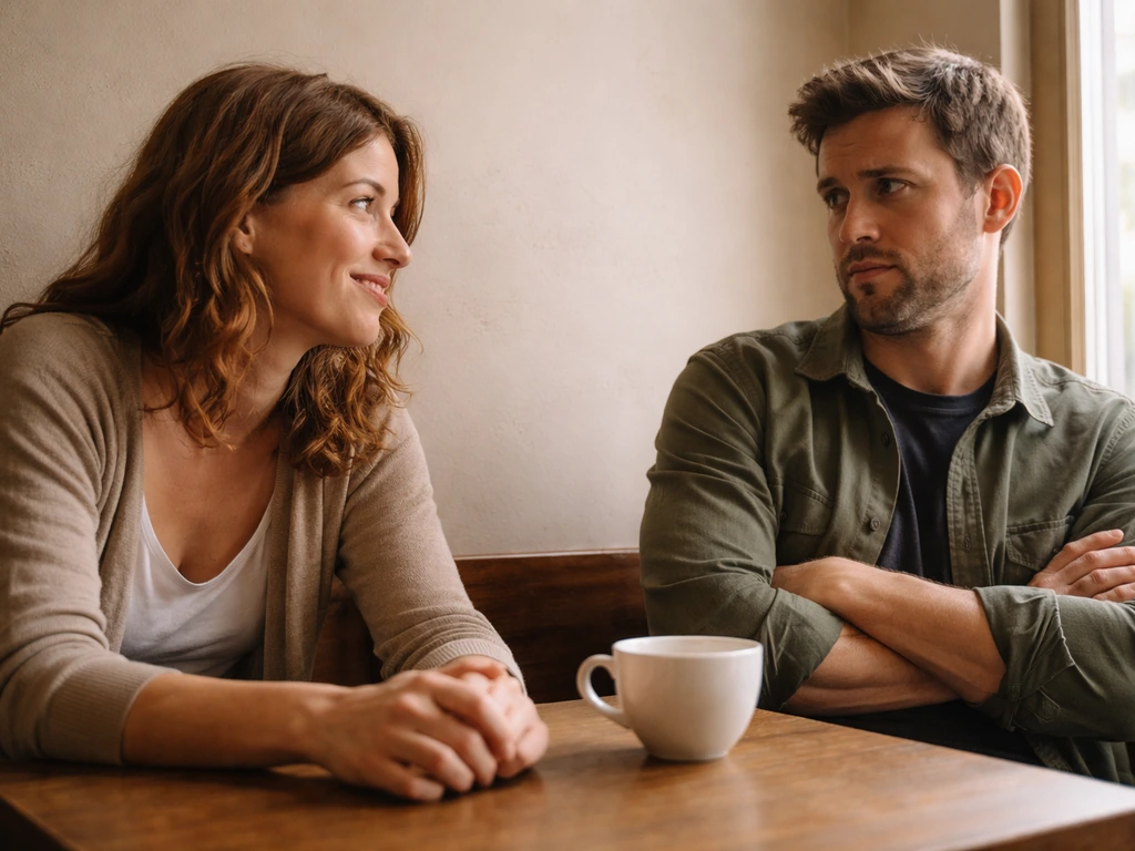 Two people in a quiet café, each reacting differently to an implied phrase with playful vs dismissive body language