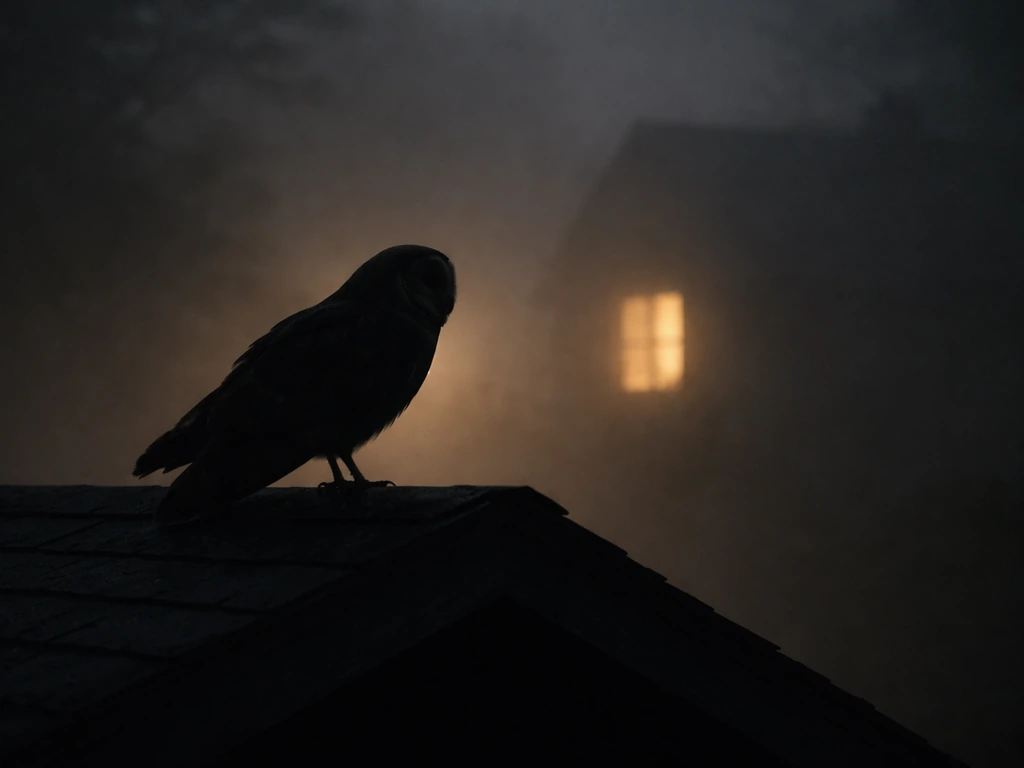 Silhouette of a barn owl against a faint warm house window glow at night.