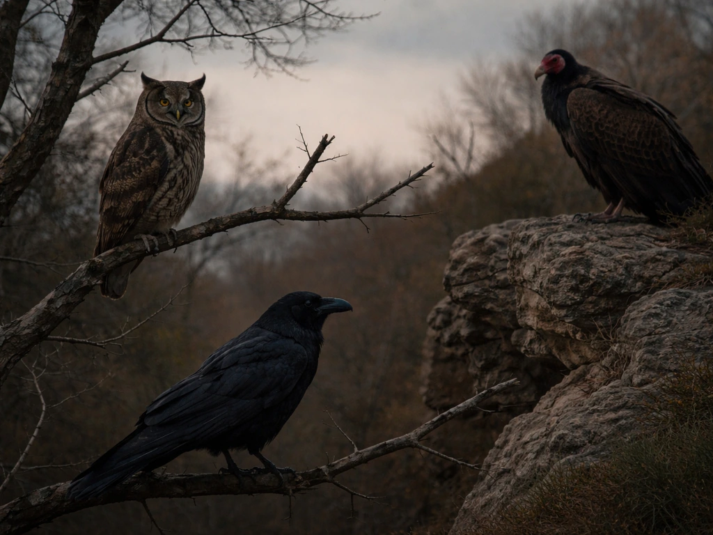 Minimal photo of an owl, a raven/crow, and a vulture perched outdoors, grounding “death bird” symbolism