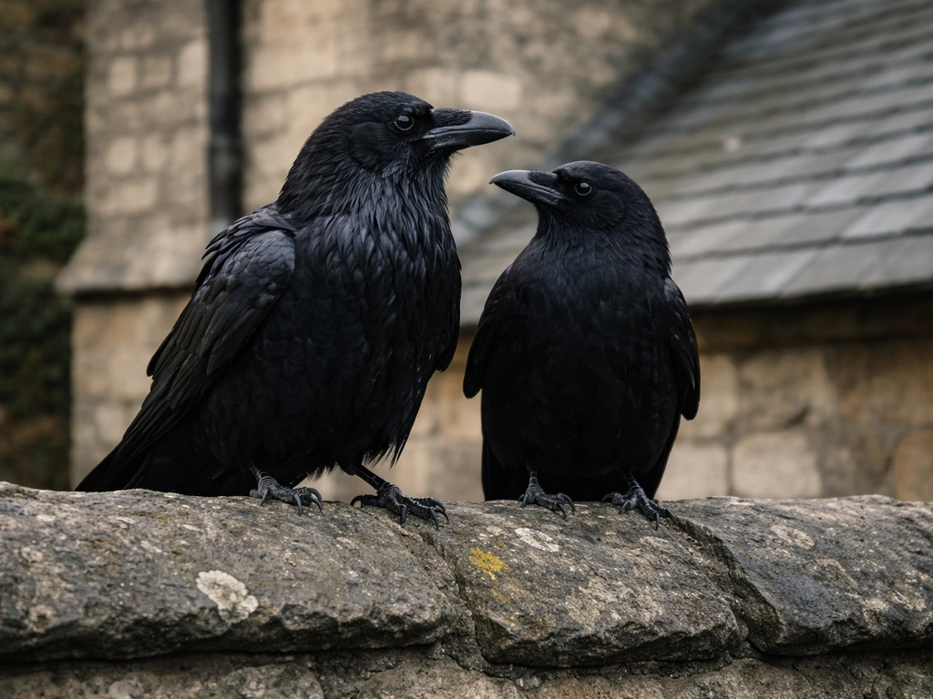 A raven and a crow perched together on a weathered rooftop near an old stone building.