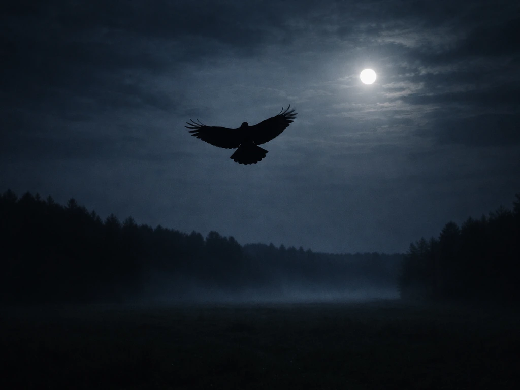 A dark bird silhouette hovering over a moonlit night scene with a tense, ominous mood.