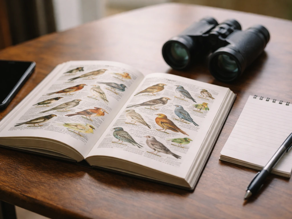 Open bird field guide beside binoculars and a blank notepad for identifying an exact reference.