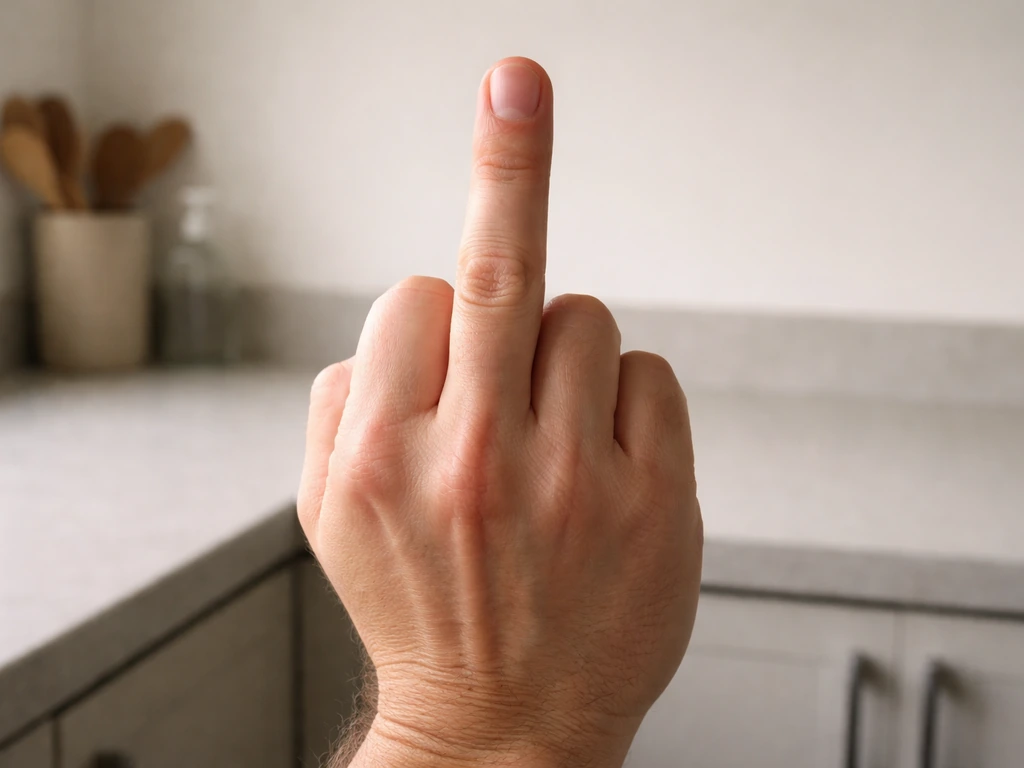 An anonymous hand raises the middle finger near a simple kitchen counter in natural light