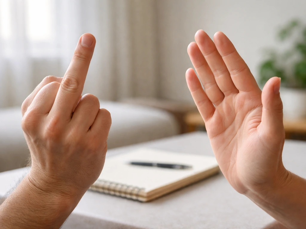 Minimal photo of a hand gesture near an open palm, next to a notebook showing “flip the bird” idea without text