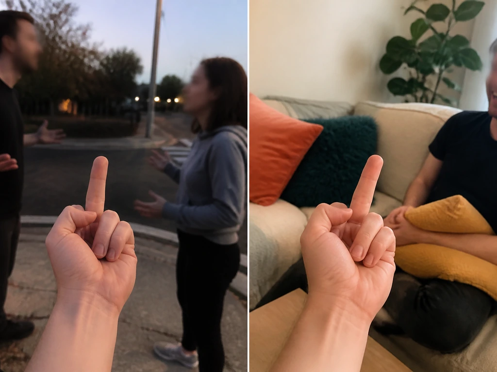 Split-panel scenes: middle-finger gesture in tense argument vs playful living-room prank context.