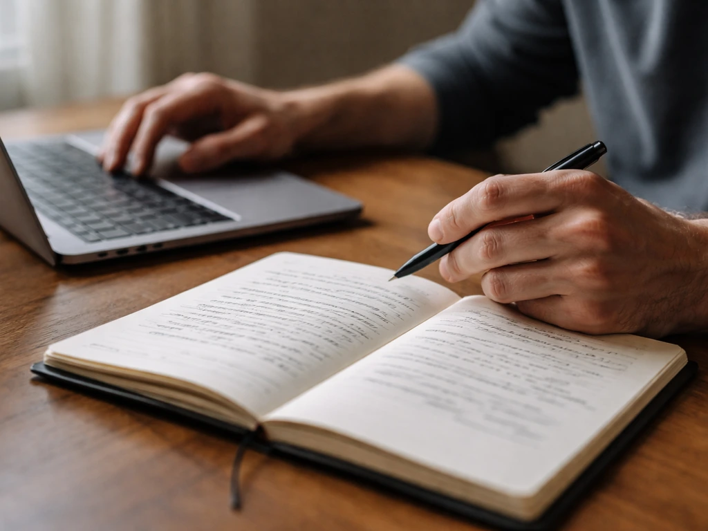 Writer at a desk with an open notebook and keyboard, focused on example dialogue about responding in traffic.