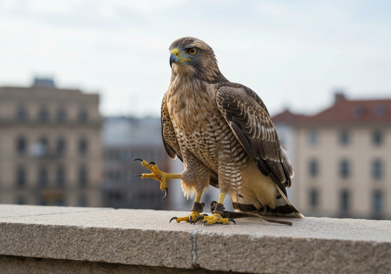 Close-up of a raptor with talons extended perched in a simple urban setting
