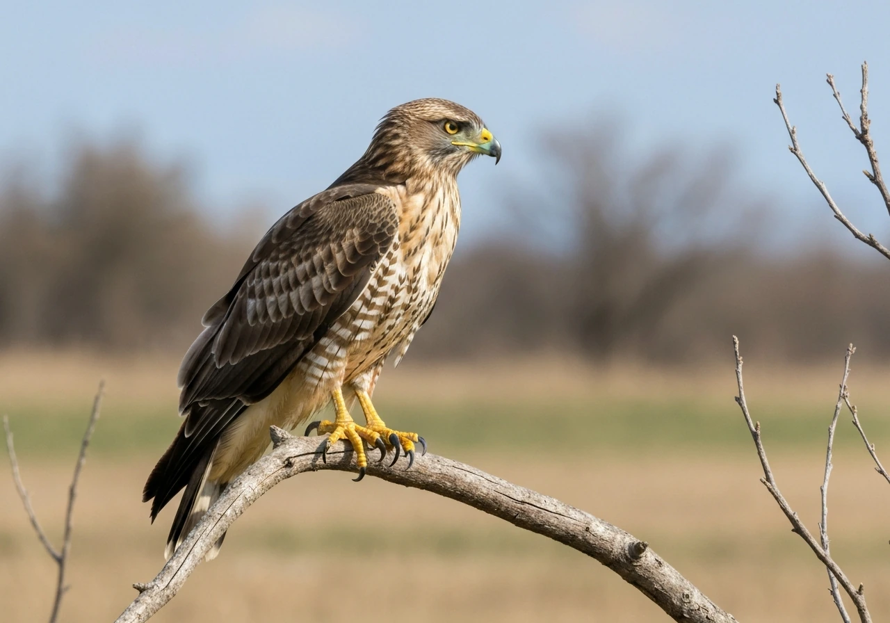 A realistic raptor perched with talons visible, wings tucked, hunting posture in a quiet outdoor setting.