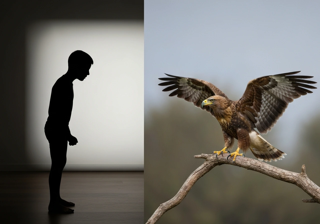 Split image: hawk scanning on the right, and a watching silhouette on the left suggesting metaphorical predation.