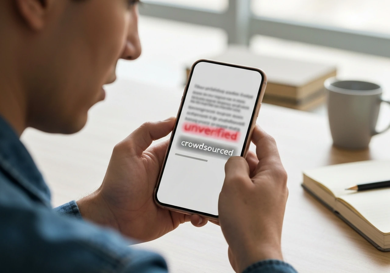 Person reviewing a phone with a blurred, unreadable text entry about slang in a quiet room