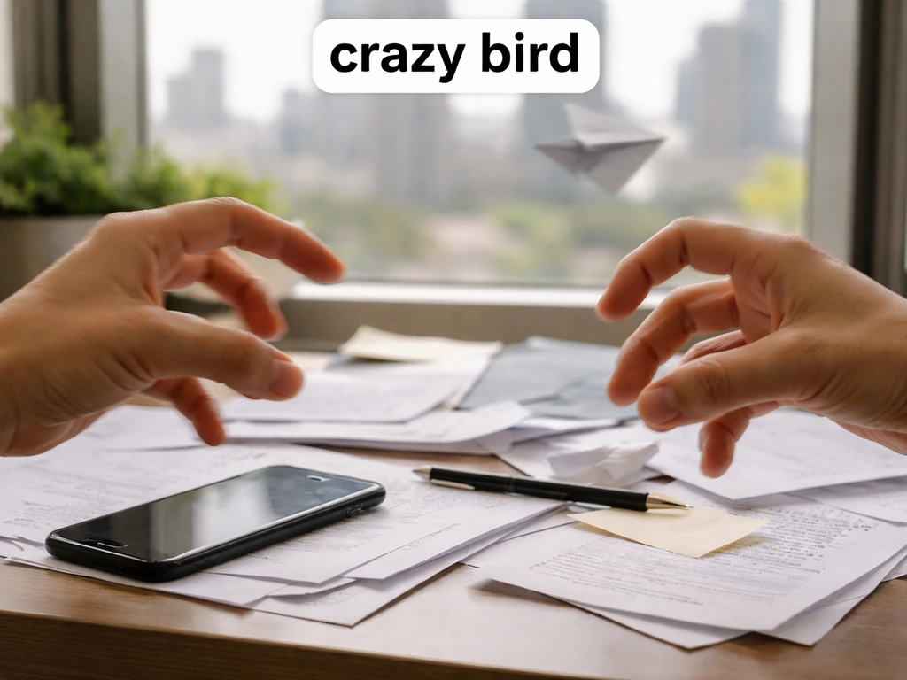 Anonymous hands make a playful chaotic gesture over a messy desk with a caption reading “crazy bird”
