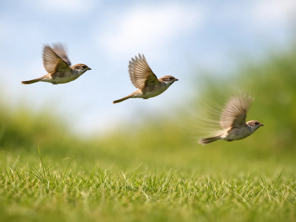 A few stylized birds in flight over blurred grass, with one wingtip motion suggesting erratic chaos energy.