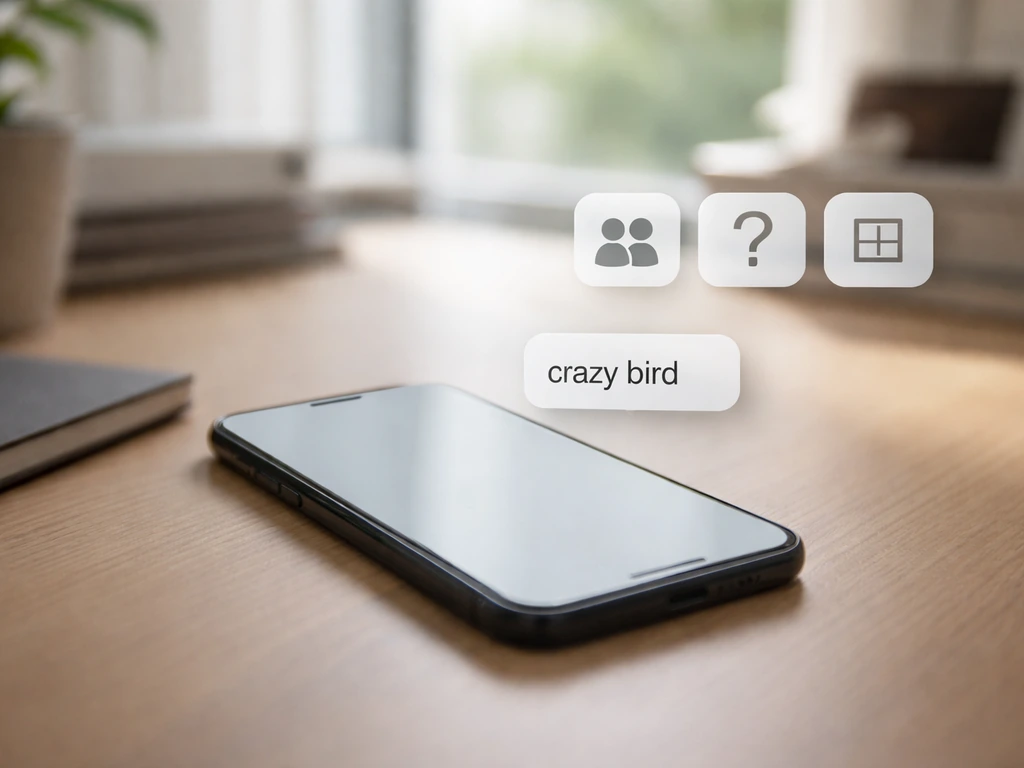 Minimal photo of a smartphone messaging screen with a speech bubble and three small callout-style icons