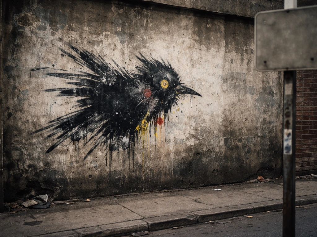 Gritty city wall with a stylized dirty-bird graffiti tag under natural light
