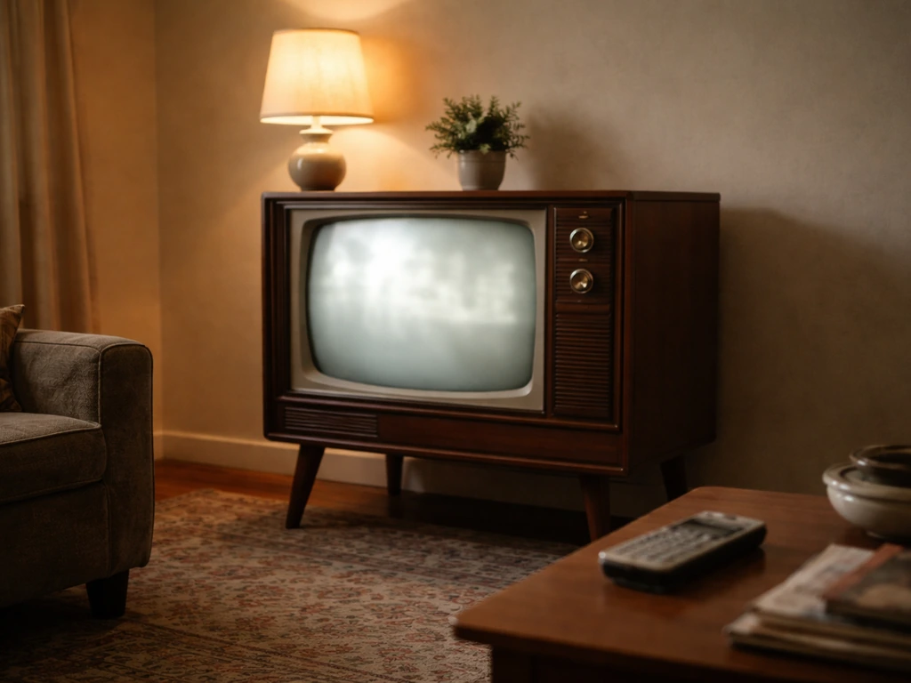 Vintage 1950s TV set with a small remote on a living-room side table, hinting at a mild insult phrase.