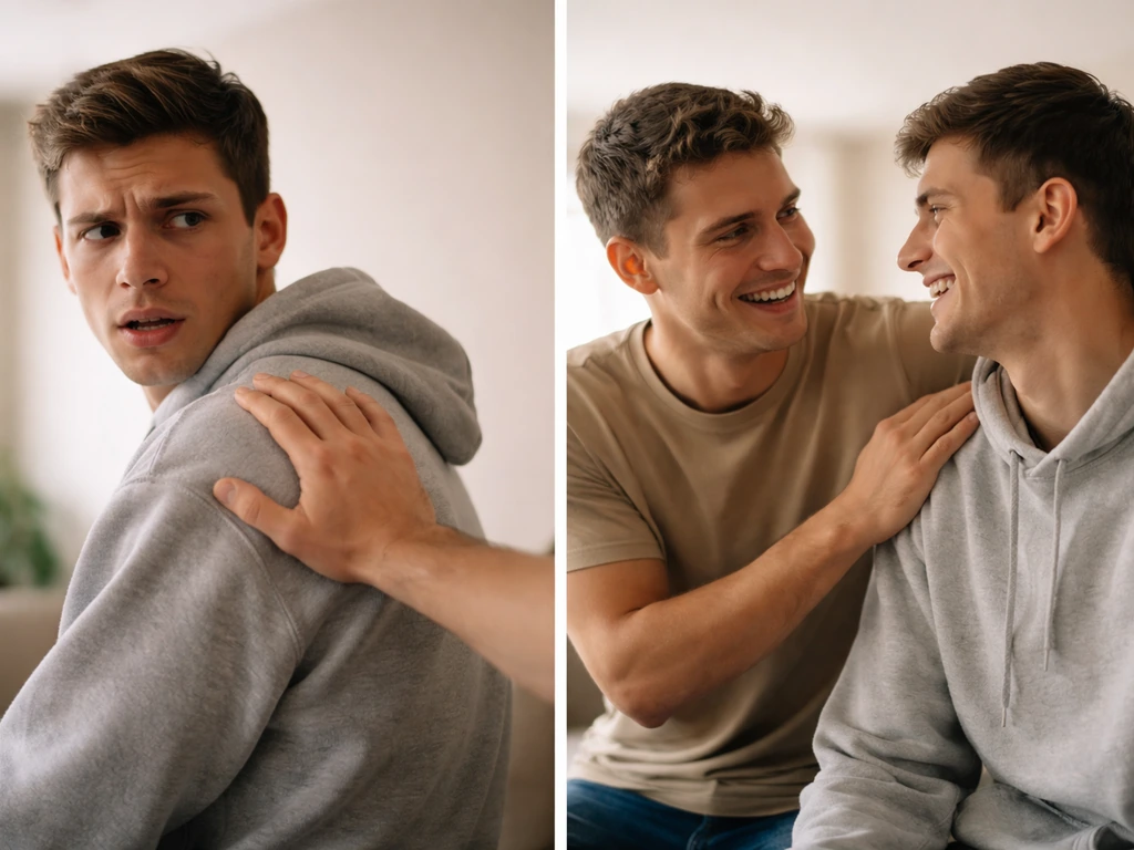 Split-screen of two anonymous, everyday interactions: tense direct remark vs relaxed friendly teasing.