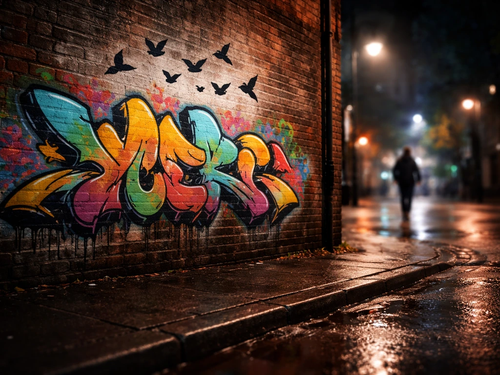 Playful urban street wall with graffiti-like bird slang and small flock silhouettes suggesting flirting or teasing
