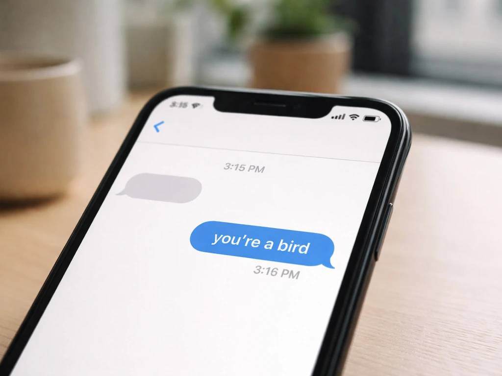 A phone screen showing a teasing chat message between friends in a minimal, mock chat-log style frame.