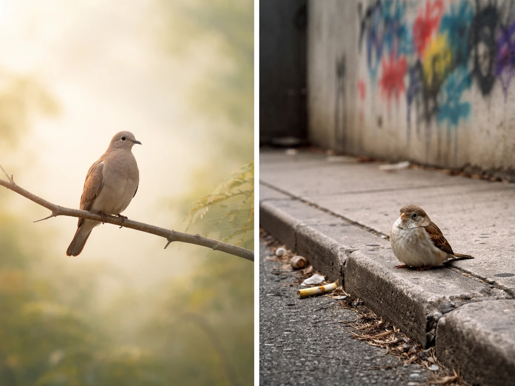 Split image: a dove in airy light vs an unimpressed bird on a city curb beside colored graffiti blobs.