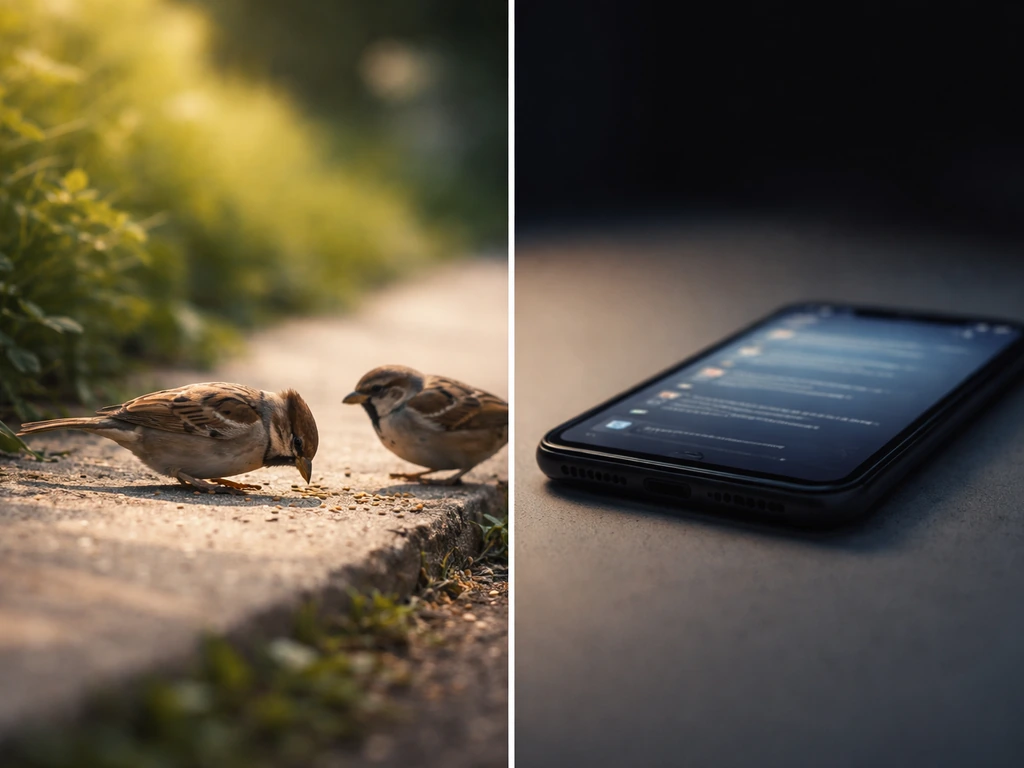 Birds foraging in sunlight beside a dim phone screen with subtle dictionary-like glow, two meanings split scene.