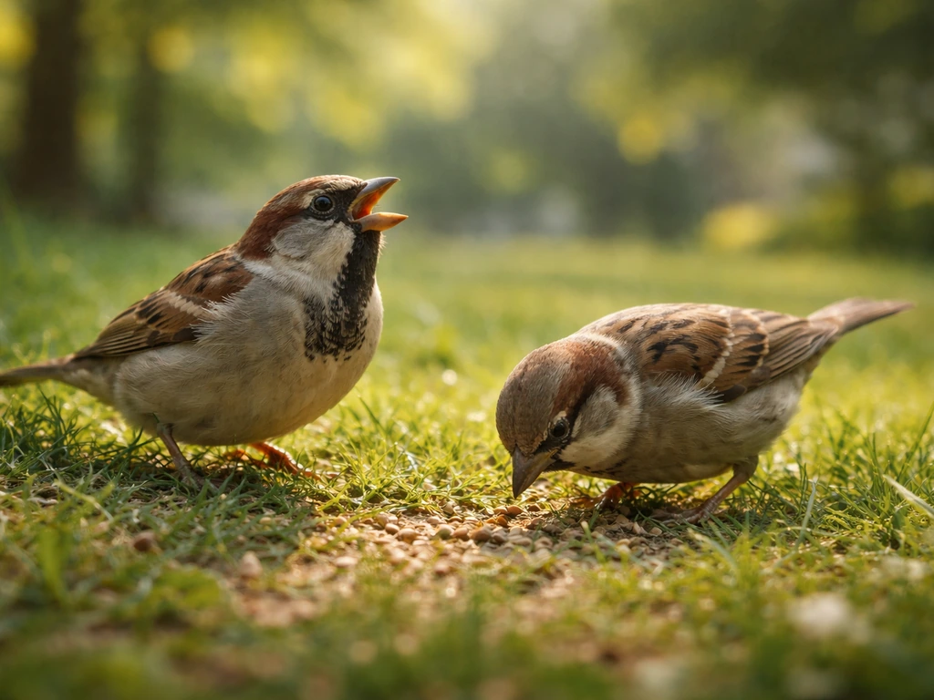 Two small songbirds perched and foraging on grass, one calling toward the other in a sunlit park
