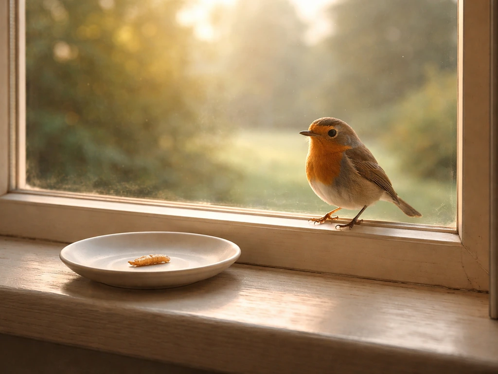 Minimal photo of an early-morning bird perched by a window with a small worm on a plate nearby.