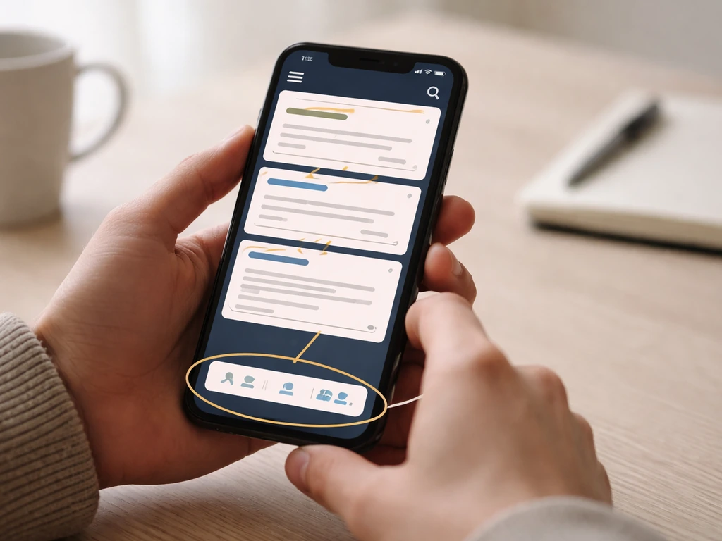 Hands holding a smartphone while scrolling Urban Dictionary-style entries in a minimal setting