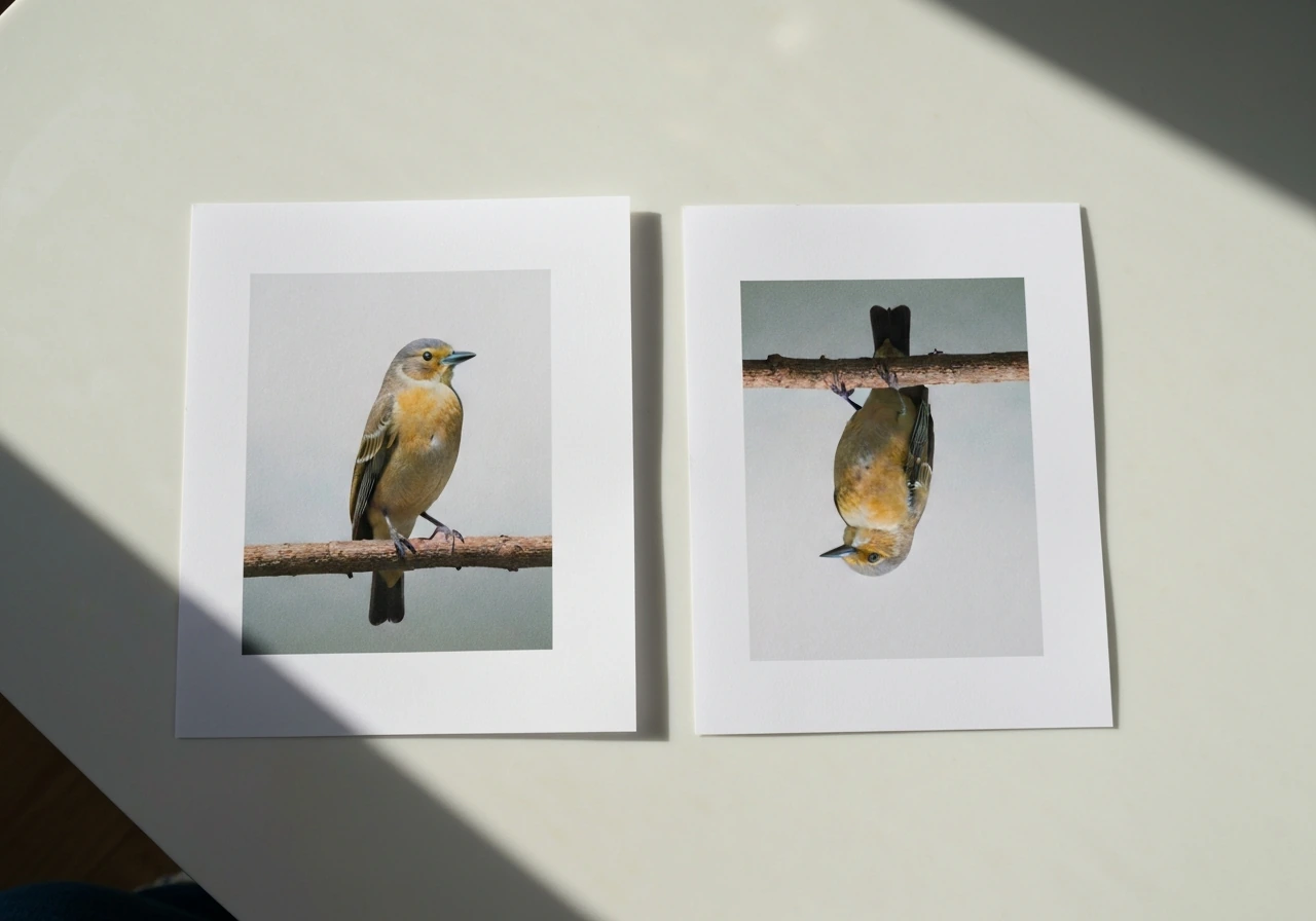 Two side-by-side printed bird photos, one upright and one flipped upside down on a white table.