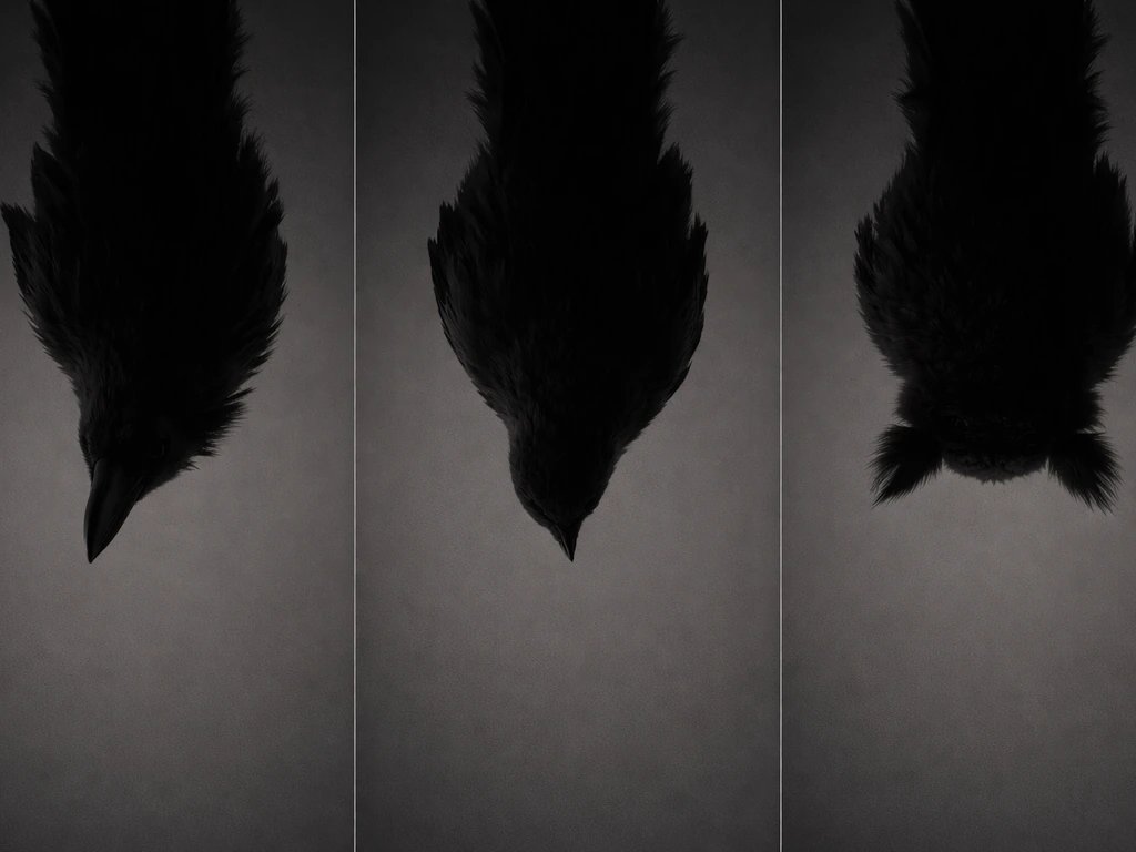 Three upside-down birds silhouettes: raven, dove, and owl-like forms in a simple dark setting