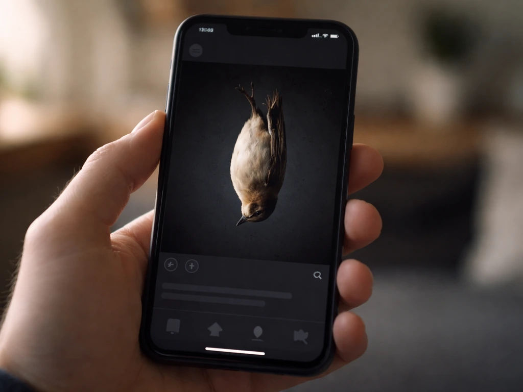 Hand holding a phone with a dark-mode post showing an upside-down bird image for ironic memes